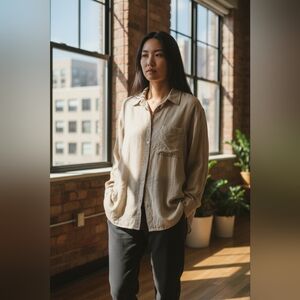 Thread & Supply Linen Blend Button Down Shirt XS Wheat Neutral Boho Minimalist